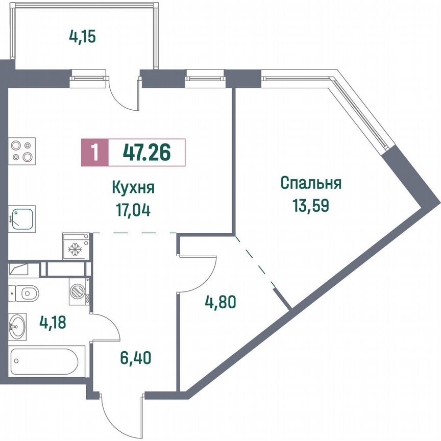 1-к. квартира, 47,3 м², 15/16 эт.