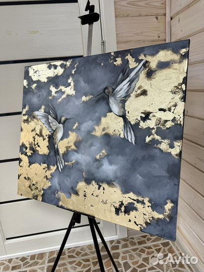 Стильная картина маслом в интерьер с золотом