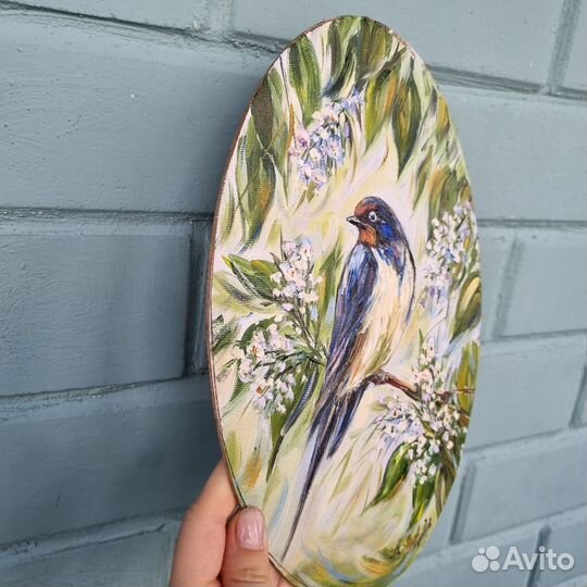 Птица Ласточка картина маслом холст овал 20х30 см