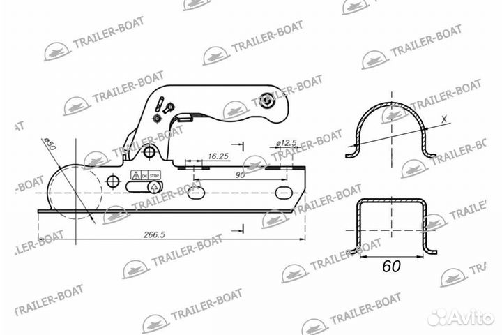 Сцепное устройство для прицепа, шар 50 мм, 60х60 мм, 1700 кг, 57103