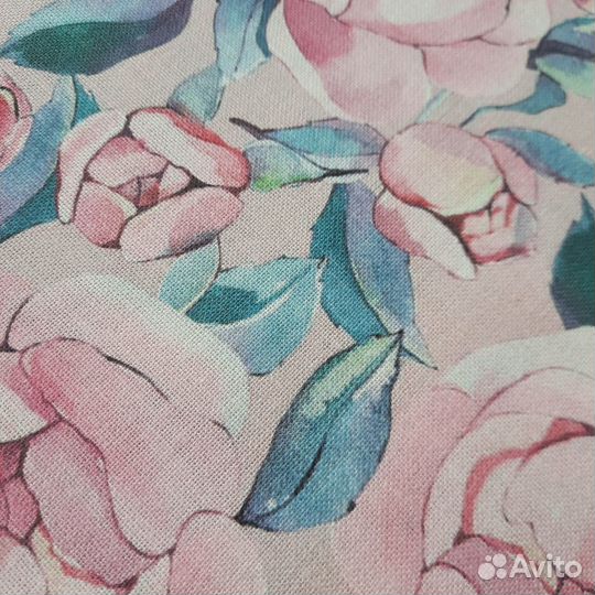 Ткань с розовыми цветами льняная, принт пионы