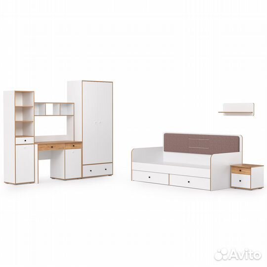 Полный комплект мебели для молодёжной комнаты Вуди № 35, цвет белый премиум/дуб крафт золотой/саванн
