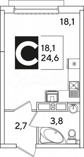 Квартира-студия, 24,6 м², 15/16 эт.