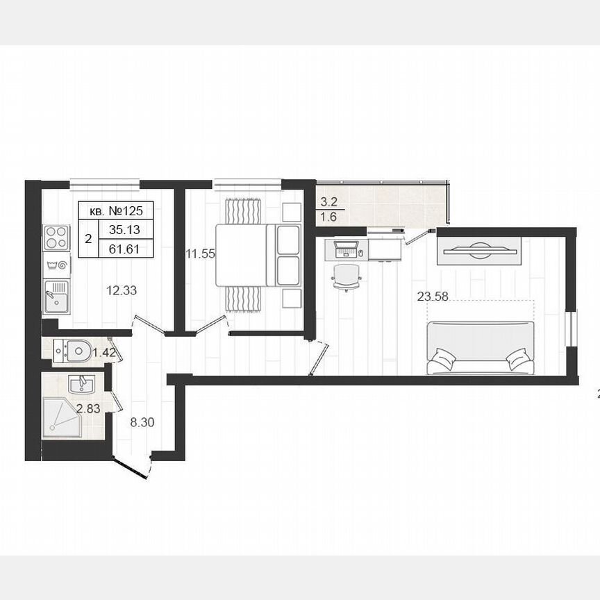 2-к. квартира, 61,6 м², 4/4 эт.