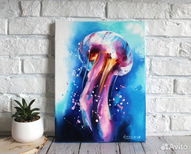 Картина маслом на холсте с медузой 40/30 см