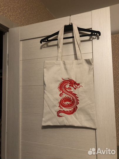 Сумка шопер из льна с вышивкой Дракон