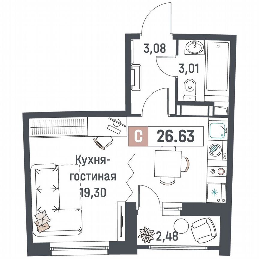 Квартира-студия, 26,6 м², 13/18 эт.