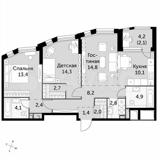 3-к. квартира, 83 м², 2/29 эт.