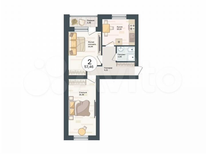 2-к. квартира, 57,4 м², 5/5 эт.