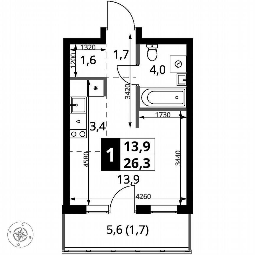 Квартира-студия, 26,3 м², 2/9 эт.