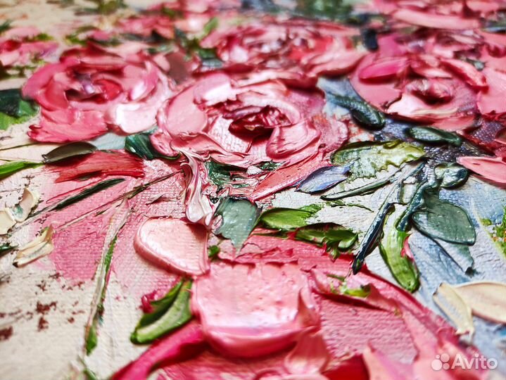 Картина маслом цветы розы букет роз в вазе 40х30см