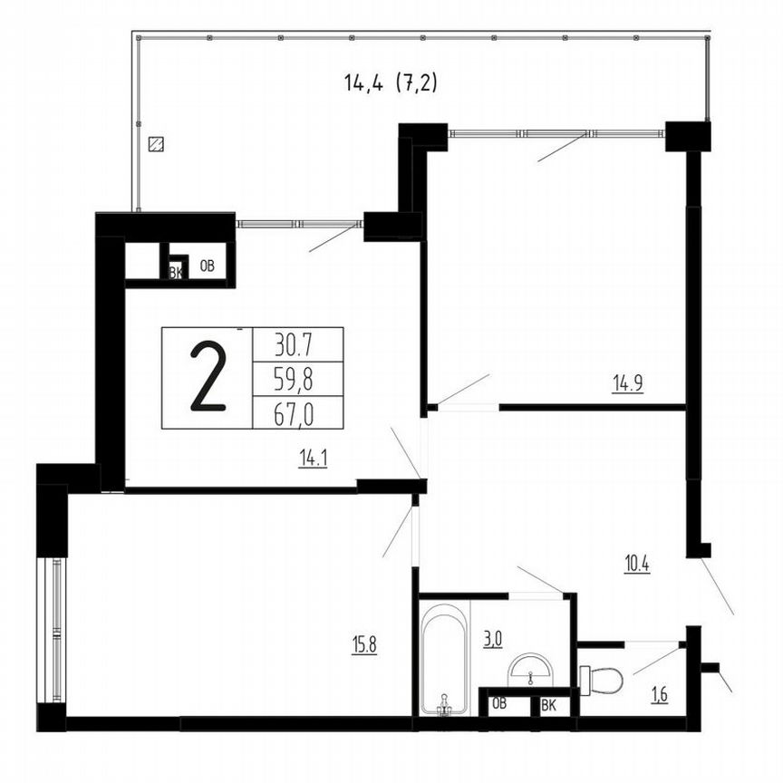 2-к. квартира, 67 м², 4/4 эт.