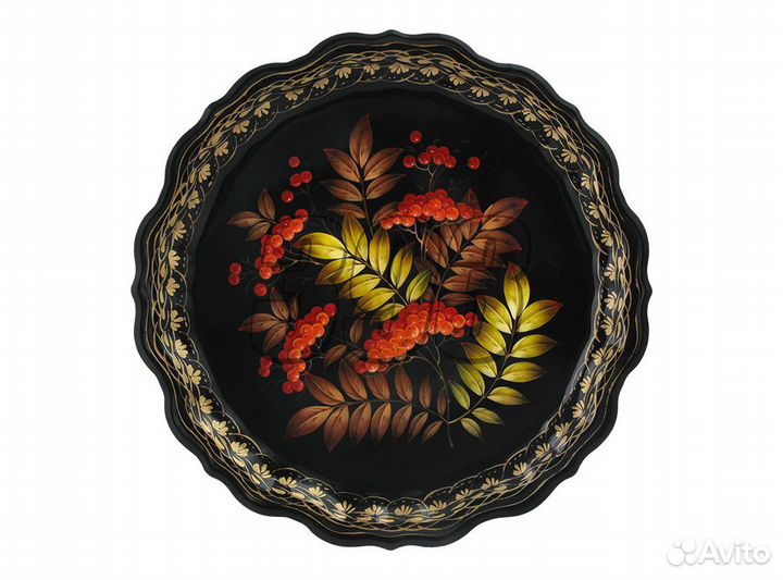 Поднос жостовский Рябина на чёрном (круг) (16183)