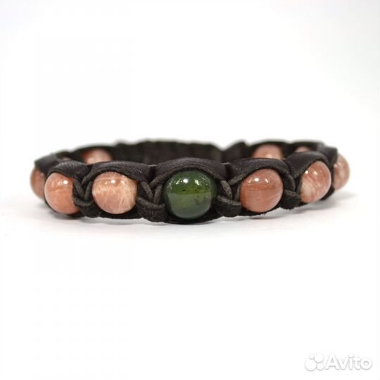 Кожаный браслет с нефритом и солнечным камнем