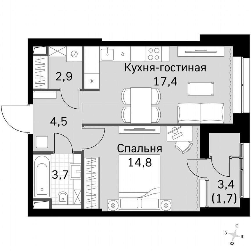 1-к. квартира, 45,2 м², 2/2 эт.