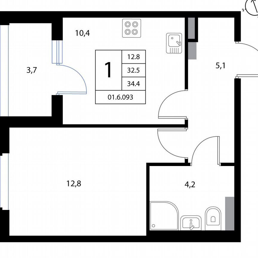 1-к. квартира, 34,4 м², 2/3 эт.