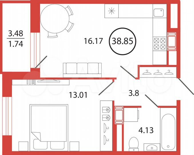 1-к. квартира, 38,9 м², 4/12 эт.