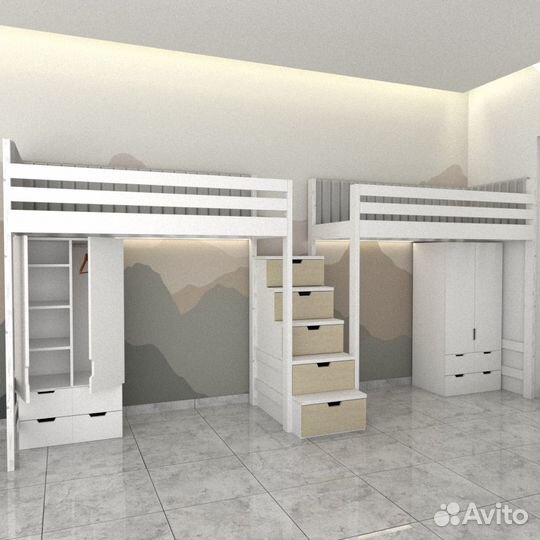 Кровать чердак с гардеробом, с мягким изголовьем