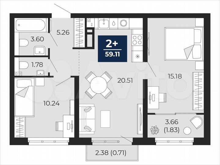 2-к. квартира, 59,1 м², 12/22 эт.