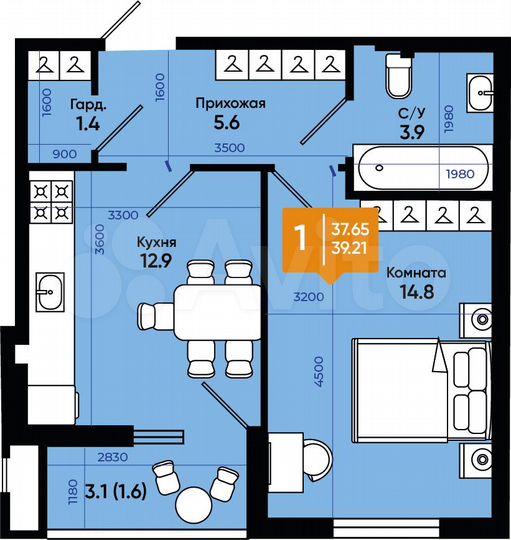 1-к. квартира, 39,2 м², 1/9 эт.