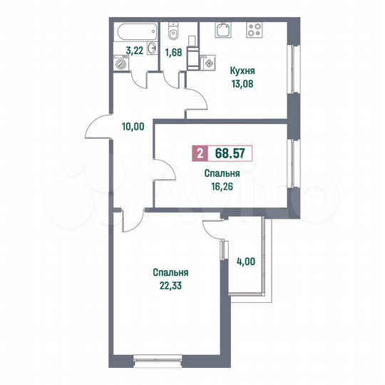 2-к. квартира, 68,6 м², 4/14 эт.