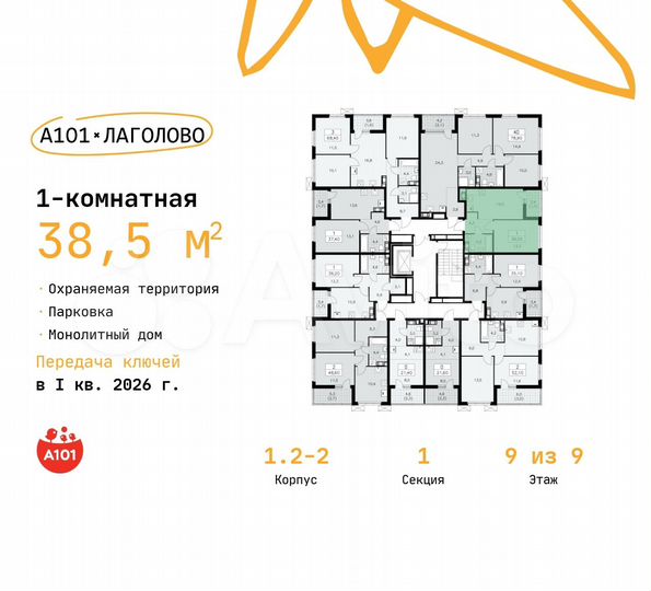 1-к. квартира, 38,5 м², 9/9 эт.