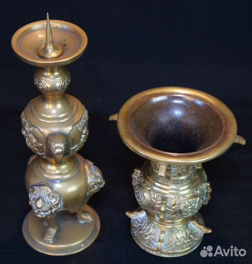 Антикварные японские бронзовые подсвечник и ваза