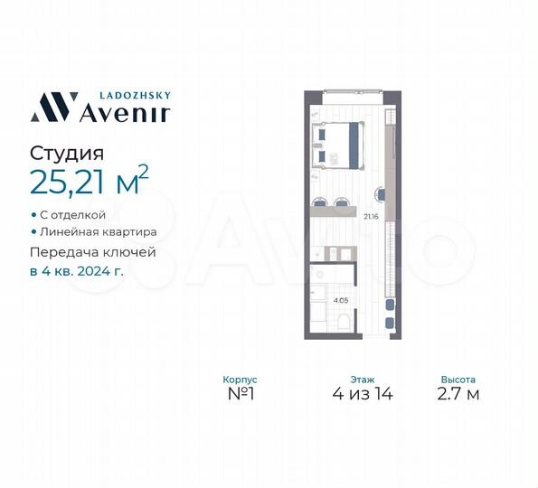 Апартаменты-студия, 25,2 м², 4/14 эт.