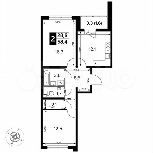 2-к. квартира, 58,4 м², 5/24 эт.
