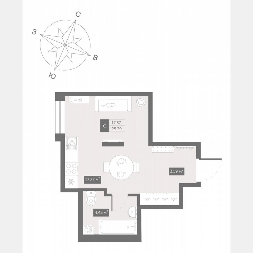 Апартаменты-студия, 25,4 м², 13/13 эт.