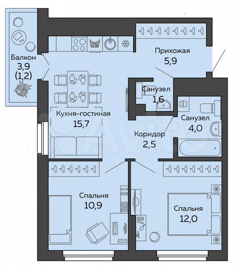 2-к. квартира, 53,7 м², 15/25 эт.