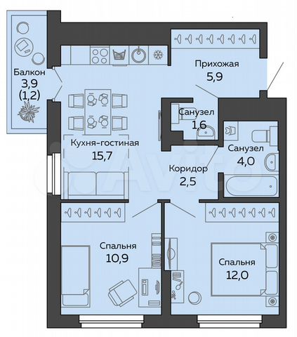 2-к. квартира, 53,7 м², 15/25 эт.