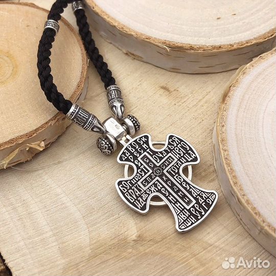 Серебряный крест на шелковом гайтане комплект