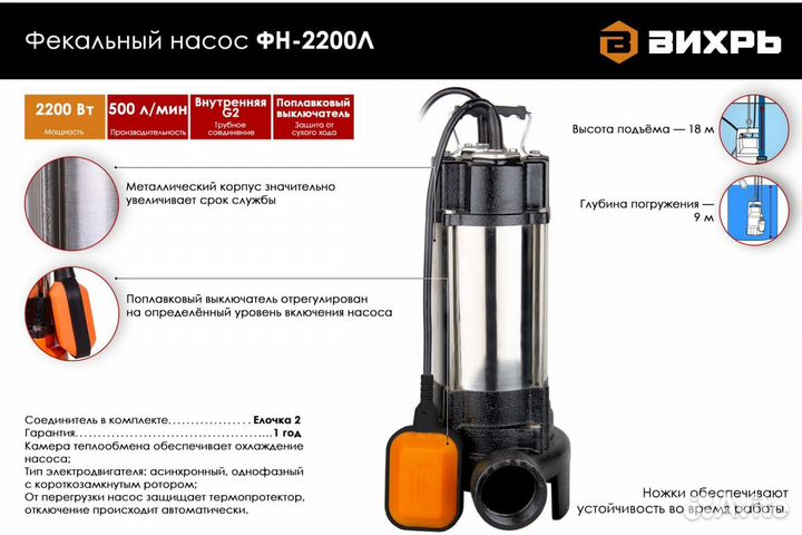 Фекальный насос Вихрь фн-2200Л