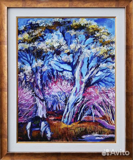 Картина маслом н/холсте сакура лошадь пейзаж весна