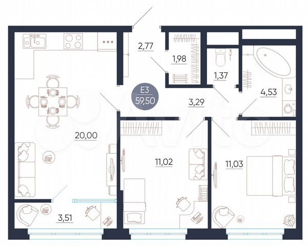 2-к. квартира, 59,5 м², 3/25 эт.