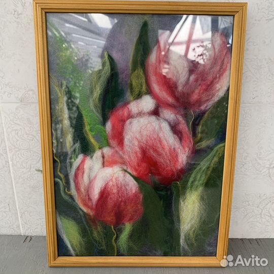 Картина цветы из шерсти