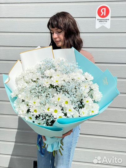 Букет гигант, цветы хризантымы, гипсофила