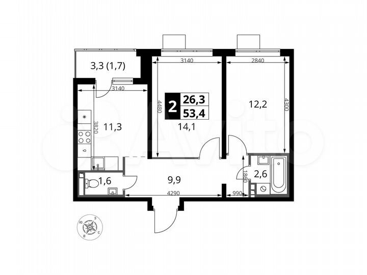 2-к. квартира, 53,4 м², 13/24 эт.