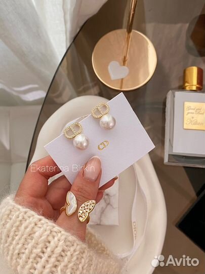 Серьги dior камни жемчужина цвет золото