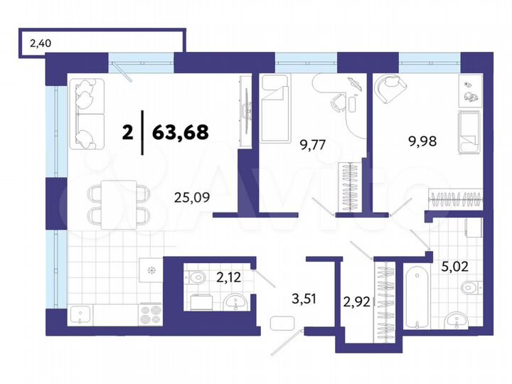 2-к. квартира, 63,7 м², 17/20 эт.