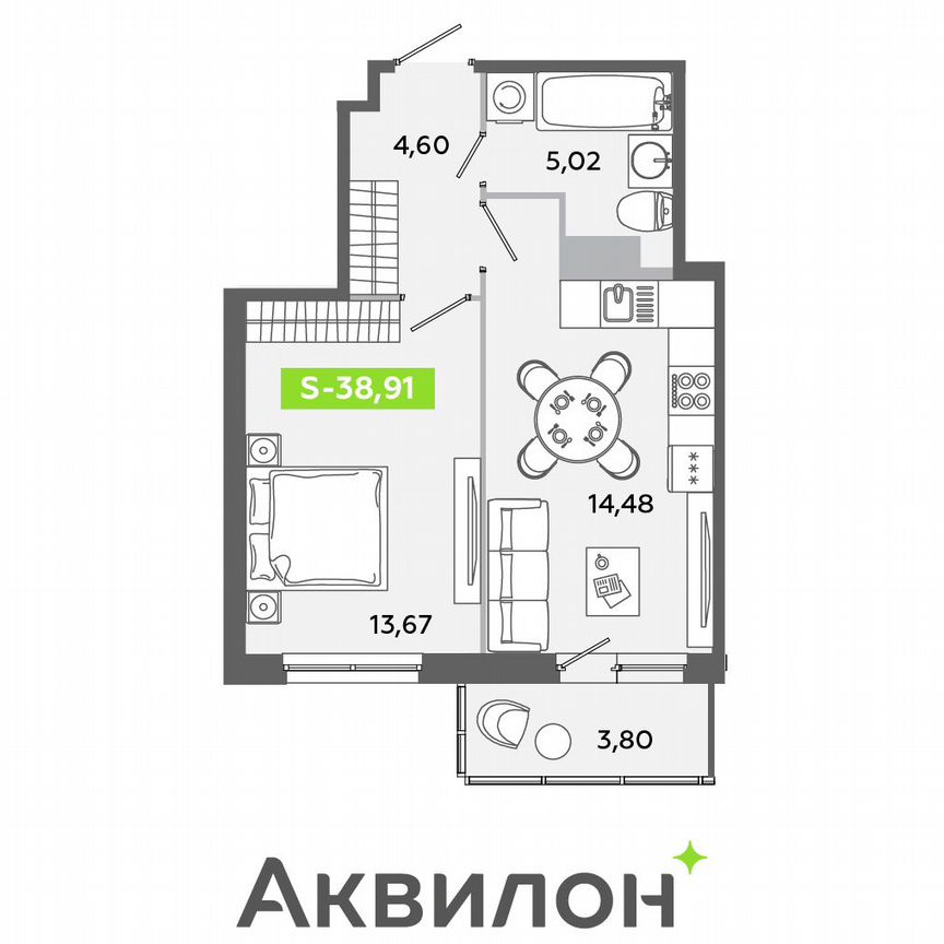 1-к. квартира, 38,9 м², 8/12 эт.