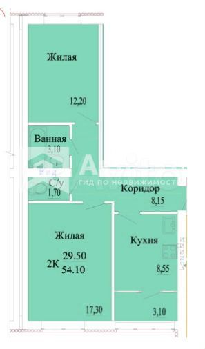 2-к. квартира, 54,1 м², 2/3 эт.