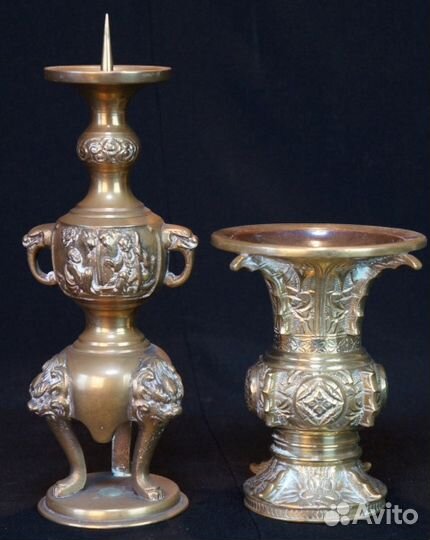Антикварные японские бронзовые подсвечник и ваза