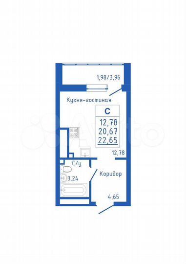 Квартира-студия, 22,7 м², 12/25 эт.