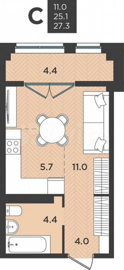 Квартира-студия, 27,3 м², 7/9 эт.