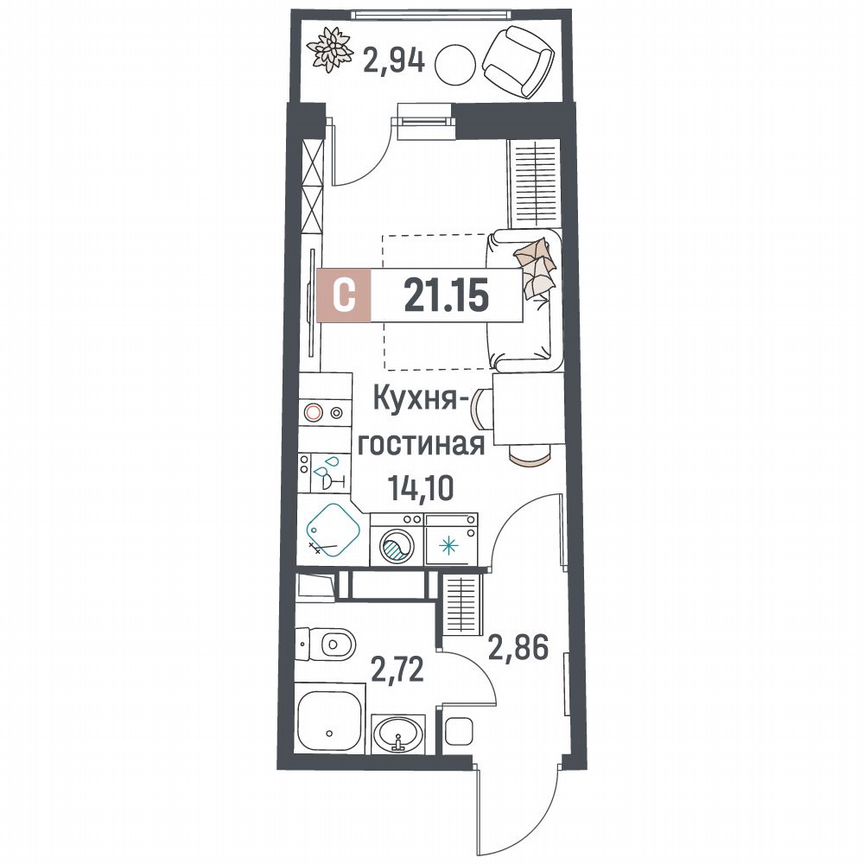 Квартира-студия, 21,2 м², 14/18 эт.
