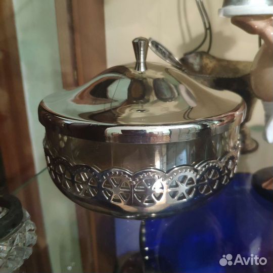 Ваза конфетница сахарница стекло хрусталь мельхиор