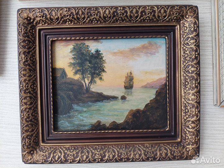 Старая картина морской пейзаж в раме