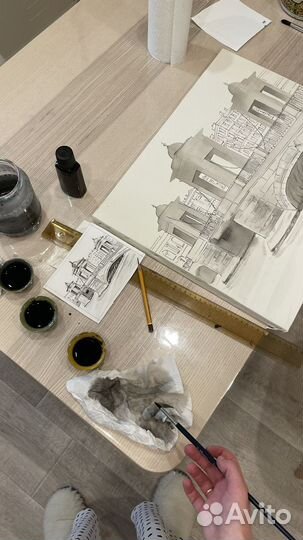 Картина рисунок графика городские пейзажи на заказ